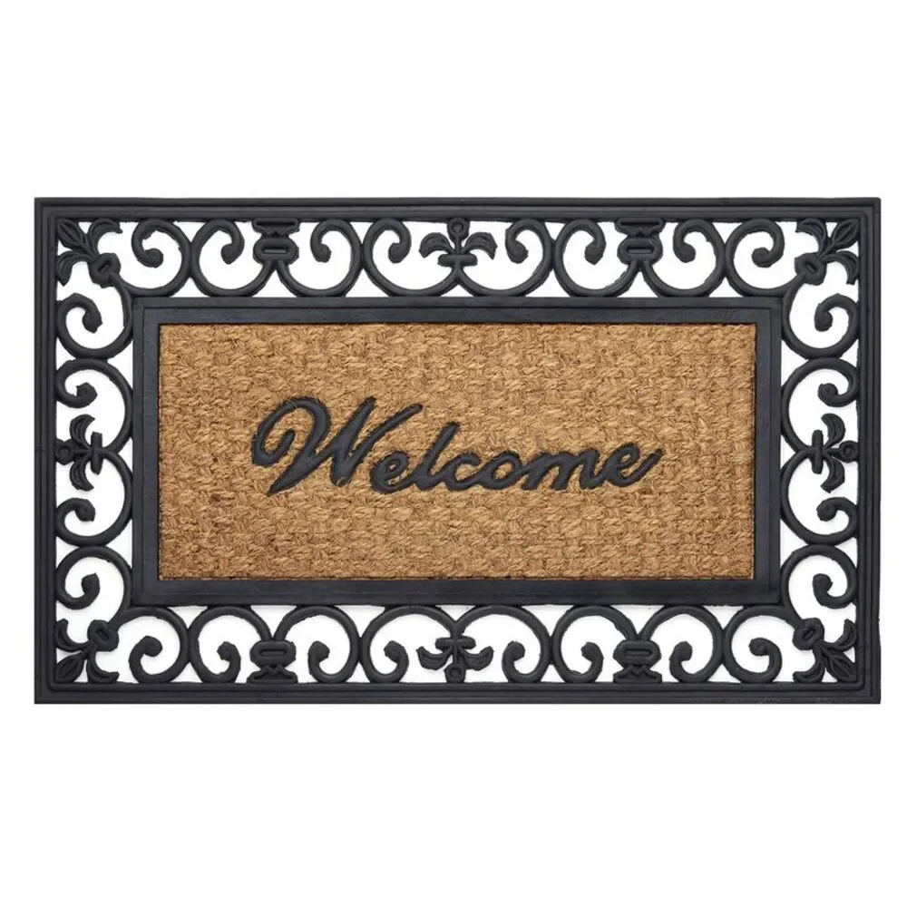 Rectangular Fleur De Lis Outdoor Heavy Duty Rubber & Coir Mat Easy to Clean